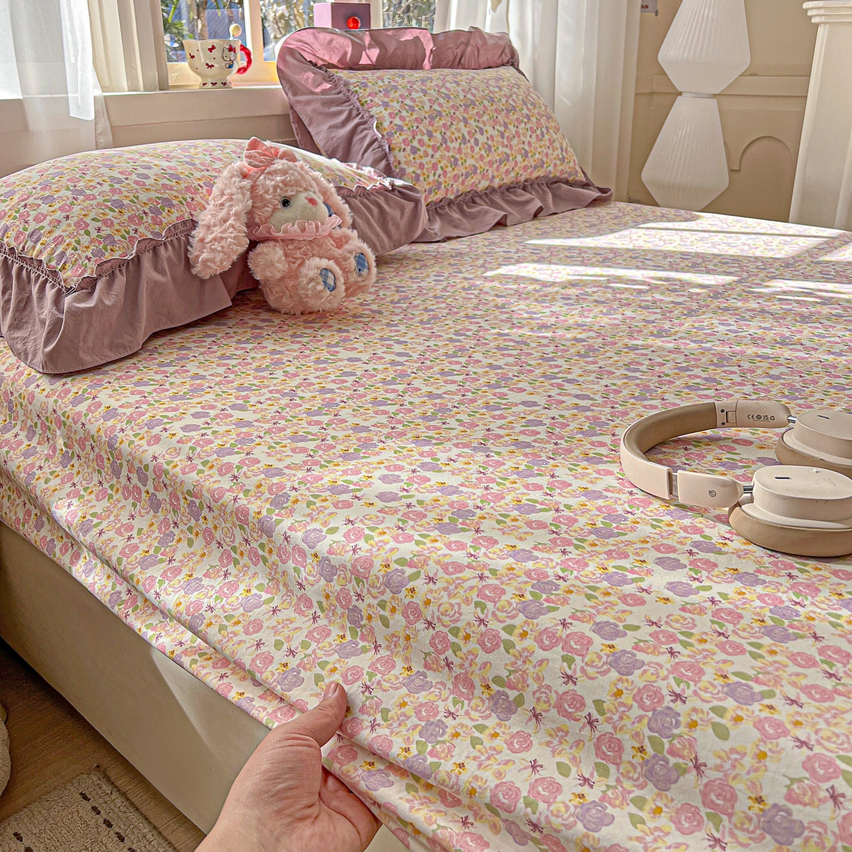 91家纺网 家纺一手货源 找家纺 富米莱（原臻工厂） 2026新款古法水洗仿棉床笠席梦思床罩杀床垫防滑罩床套罩床笠三件套 山樱漫岛