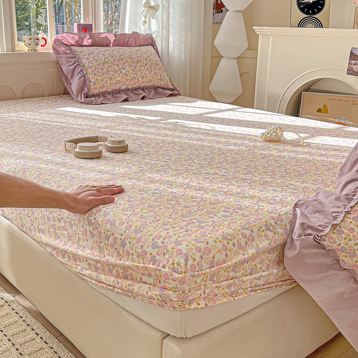 91家纺网 家纺一手货源 找家纺 富米莱（原臻工厂） 2026新款古法水洗仿棉床笠席梦思床罩杀床垫防滑罩床套罩床笠三件套 山樱漫岛