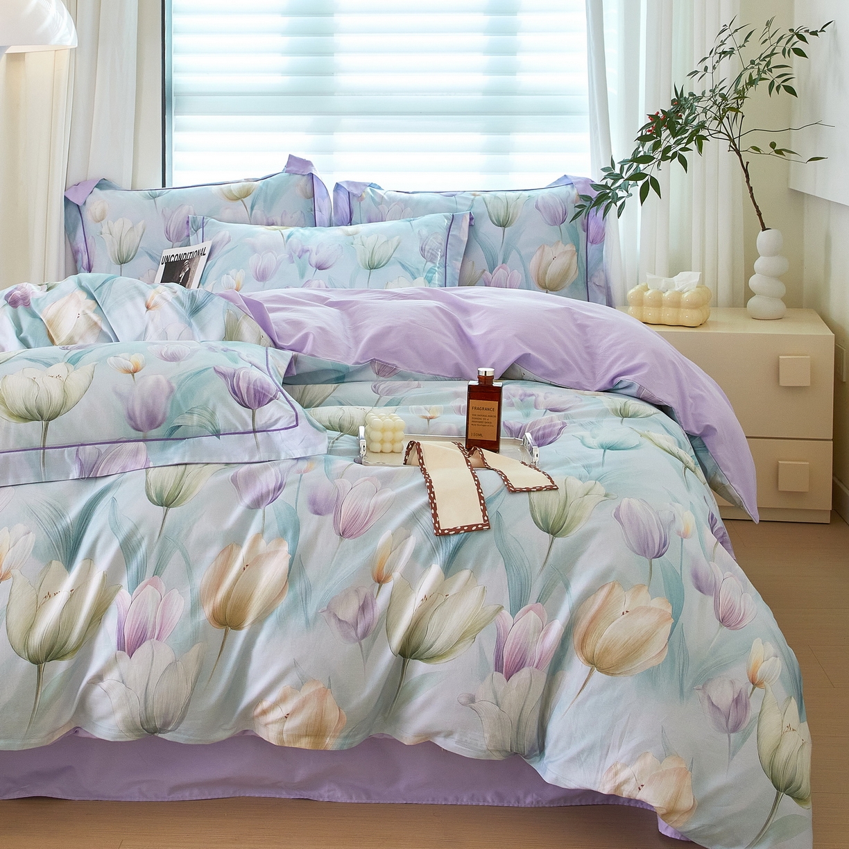 91家纺网 家纺一手货源 找家纺 启航家居 2026新款全棉铂金棉数码印花四件套 宛如初见兰