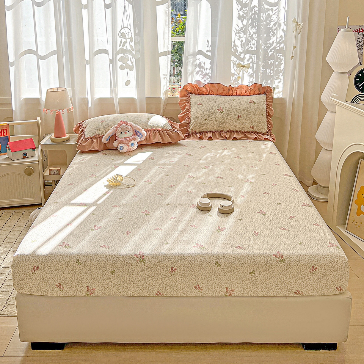 91家纺网 家纺一手货源 找家纺 富米莱（原臻工厂） 2026新款古法水洗仿棉床笠席梦思床罩杀床垫防滑罩床套罩床笠三件套 晚樱落海