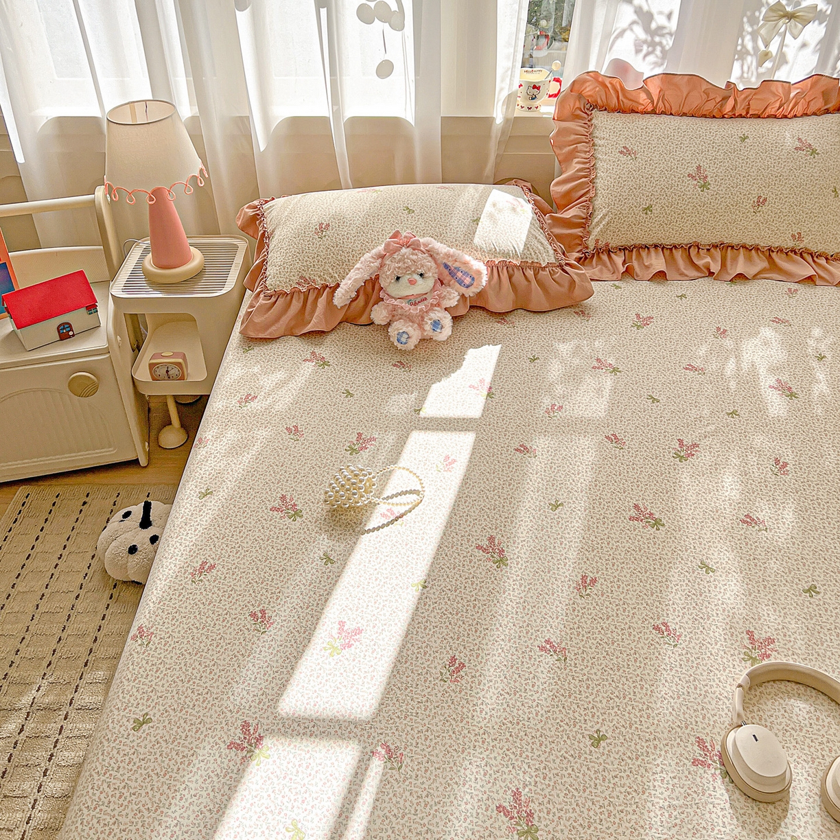 91家纺网 家纺一手货源 找家纺 富米莱（原臻工厂） 2026新款古法水洗仿棉床笠席梦思床罩杀床垫防滑罩床套罩床笠三件套 晚樱落海