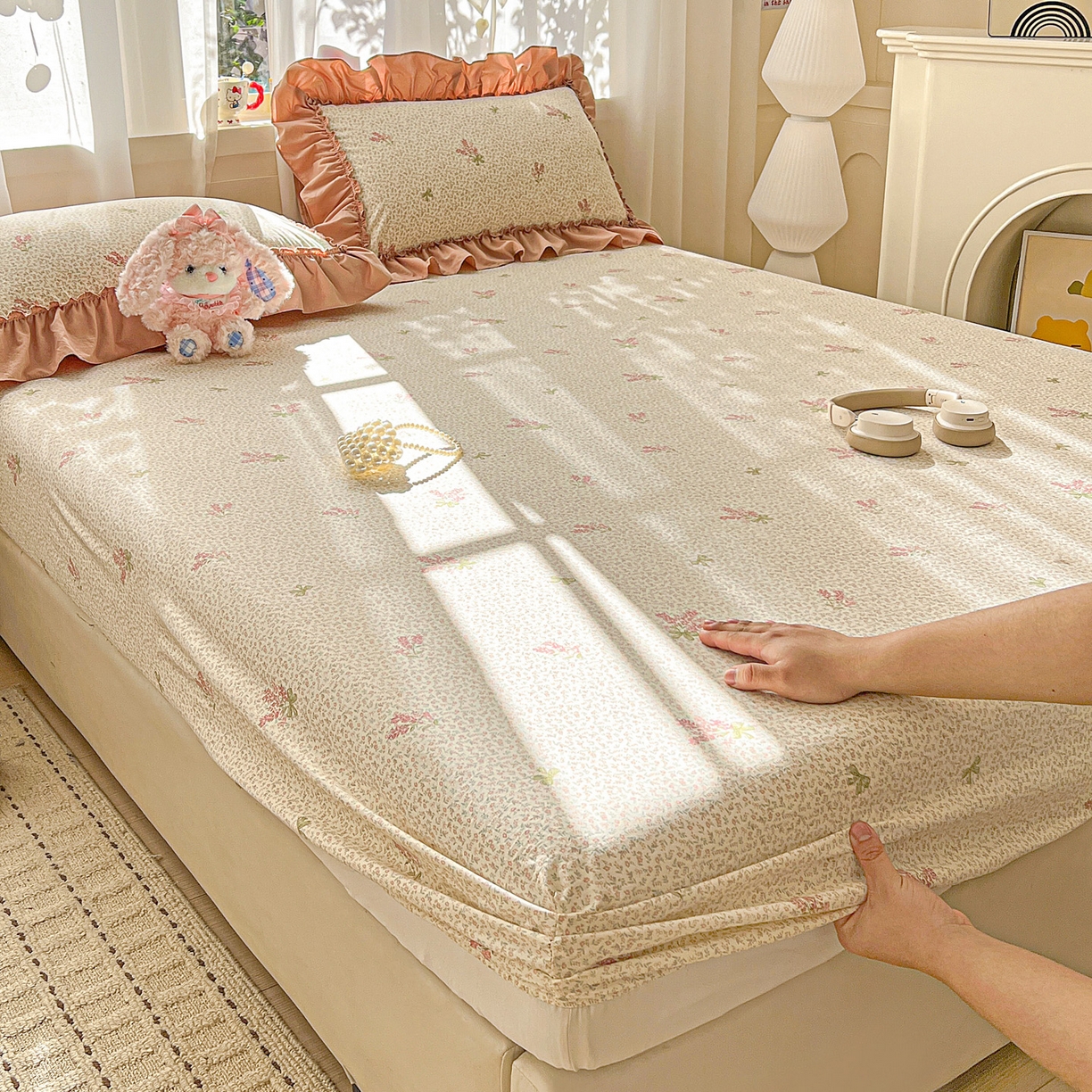 91家纺网 家纺一手货源 找家纺 富米莱（原臻工厂） 2026新款古法水洗仿棉床笠席梦思床罩杀床垫防滑罩床套罩床笠三件套 晚樱落海