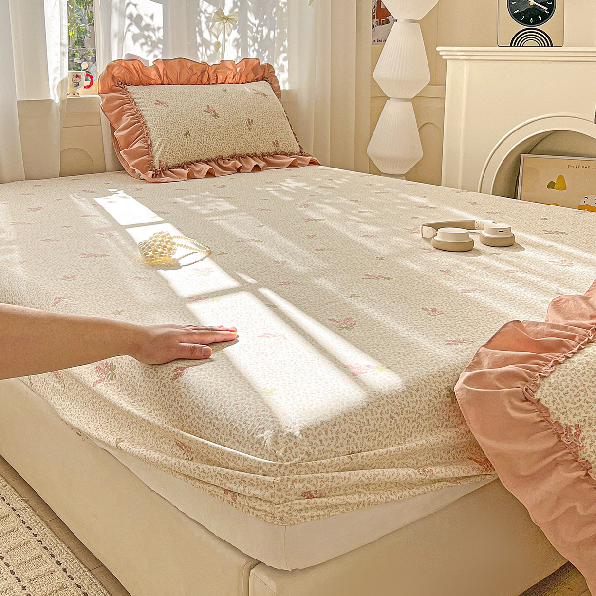 91家纺网 家纺一手货源 找家纺 富米莱（原臻工厂） 2026新款古法水洗仿棉床笠席梦思床罩杀床垫防滑罩床套罩床笠三件套 晚樱落海