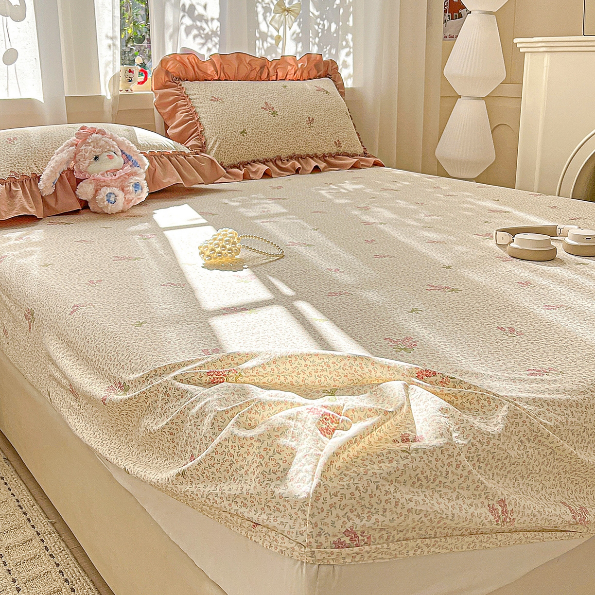 91家纺网 家纺一手货源 找家纺 富米莱（原臻工厂） 2026新款古法水洗仿棉床笠席梦思床罩杀床垫防滑罩床套罩床笠三件套 晚樱落海