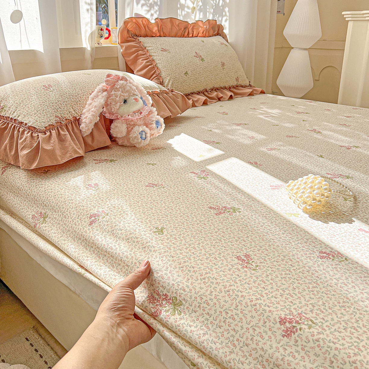 91家纺网 家纺一手货源 找家纺 富米莱（原臻工厂） 2026新款古法水洗仿棉床笠席梦思床罩杀床垫防滑罩床套罩床笠三件套 晚樱落海