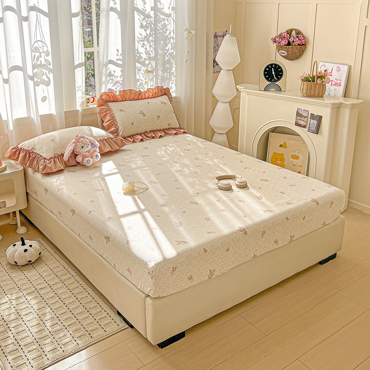 91家纺网 家纺一手货源 找家纺 富米莱（原臻工厂） 2026新款古法水洗仿棉床笠席梦思床罩杀床垫防滑罩床套罩床笠三件套 晚樱落海