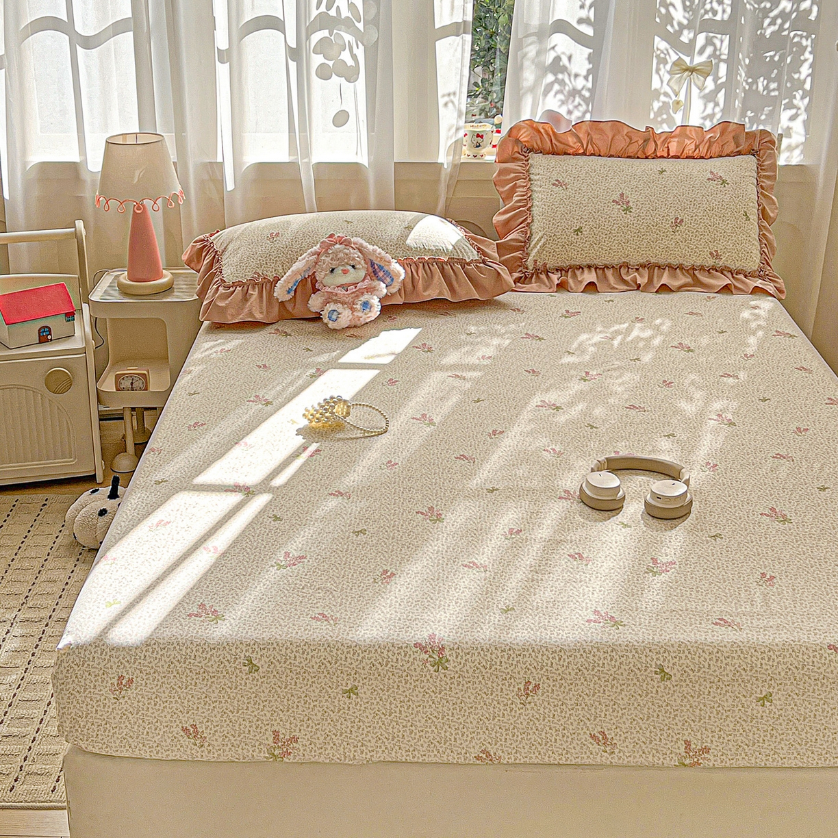 91家纺网 家纺一手货源 找家纺 富米莱（原臻工厂） 2026新款古法水洗仿棉床笠席梦思床罩杀床垫防滑罩床套罩床笠三件套 晚樱落海