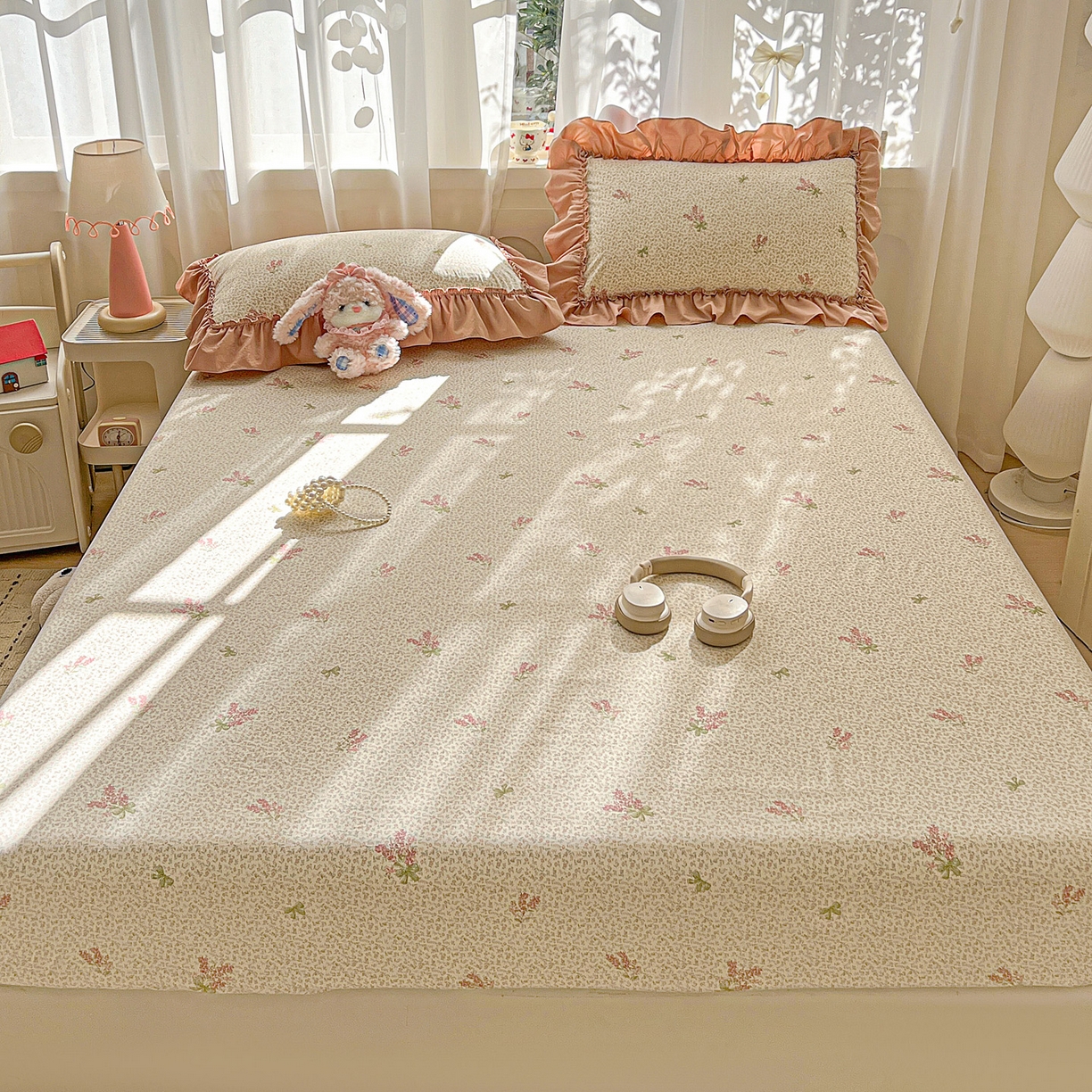 91家纺网 家纺一手货源 找家纺 富米莱（原臻工厂） 2026新款古法水洗仿棉床笠席梦思床罩杀床垫防滑罩床套罩床笠三件套 晚樱落海