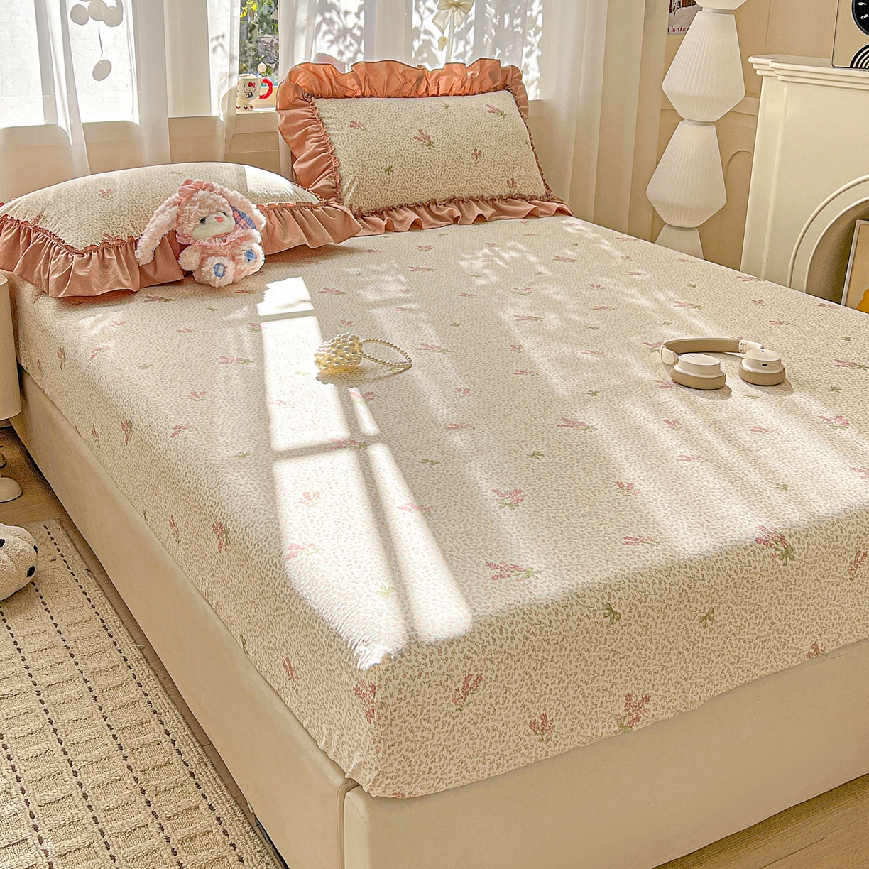 91家纺网 家纺一手货源 找家纺 富米莱（原臻工厂） 2026新款古法水洗仿棉床笠席梦思床罩杀床垫防滑罩床套罩床笠三件套 晚樱落海