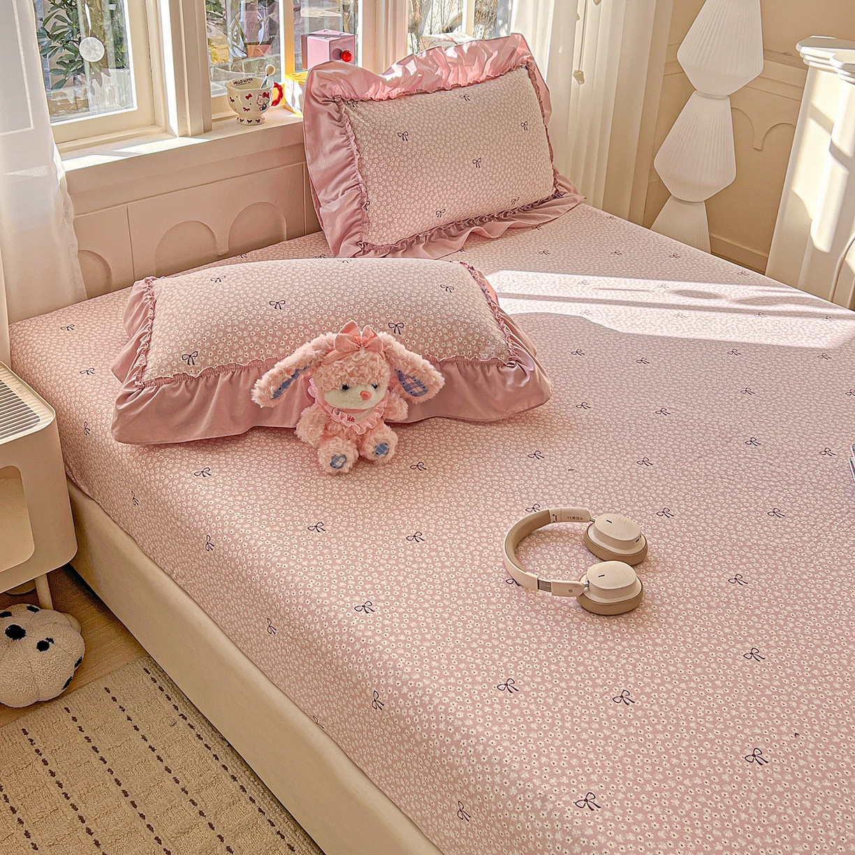 91家纺网 家纺一手货源 找家纺 富米莱（原臻工厂） 2026新款古法水洗仿棉床笠席梦思床罩杀床垫防滑罩床套罩床笠三件套 小花粉