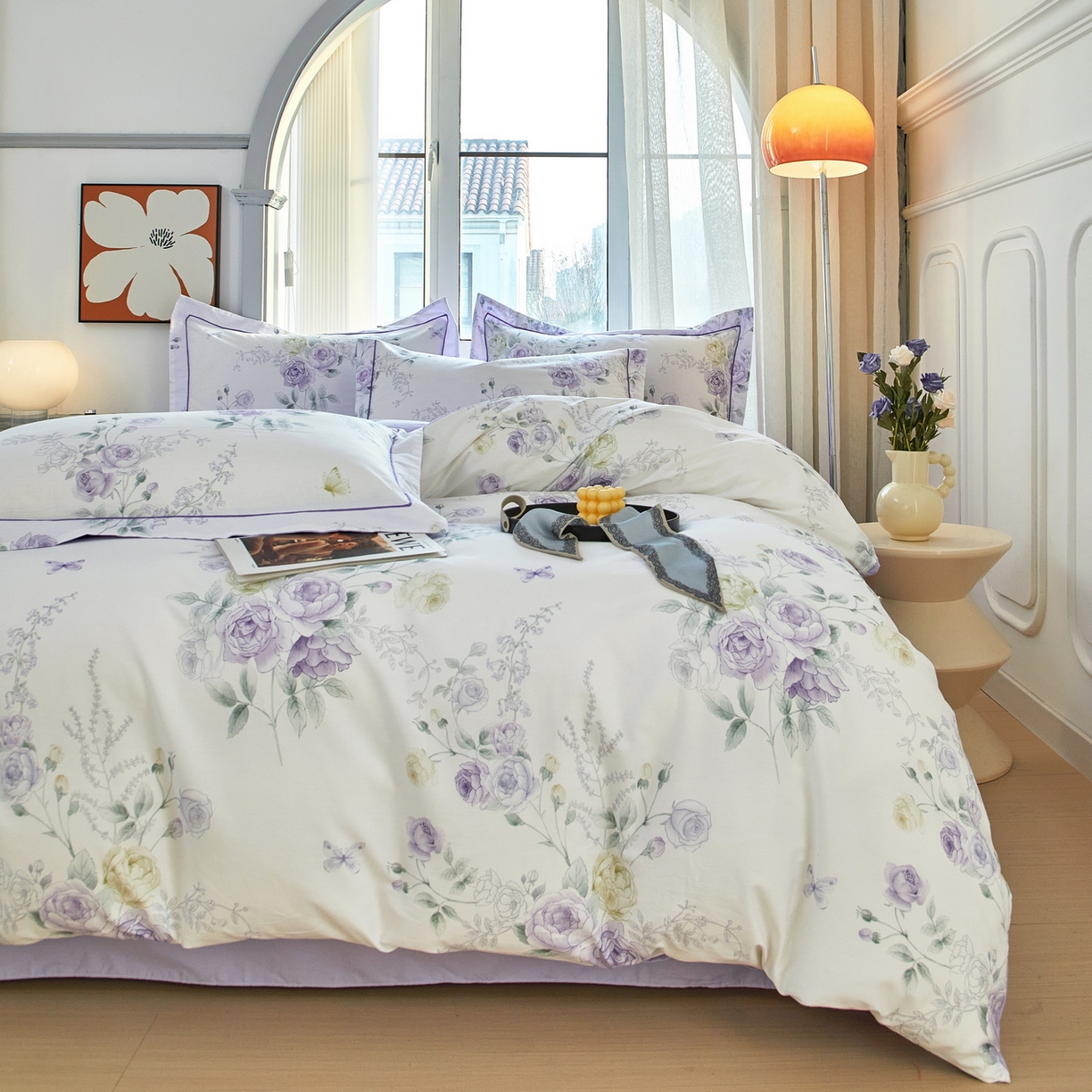 91家纺网 家纺一手货源 找家纺 启航家居 2026新款全棉铂金棉数码印花四件套 微雨山茶紫