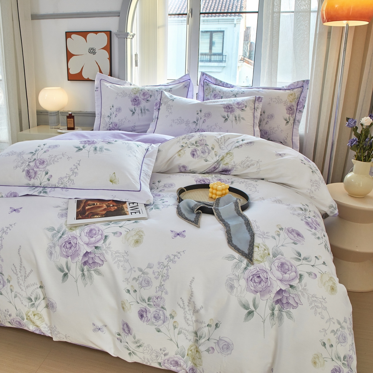 91家纺网 家纺一手货源 找家纺 启航家居 2026新款全棉铂金棉数码印花四件套 微雨山茶紫