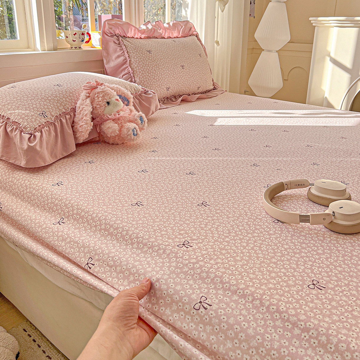 91家纺网 家纺一手货源 找家纺 富米莱（原臻工厂） 2026新款古法水洗仿棉床笠席梦思床罩杀床垫防滑罩床套罩床笠三件套 小花粉