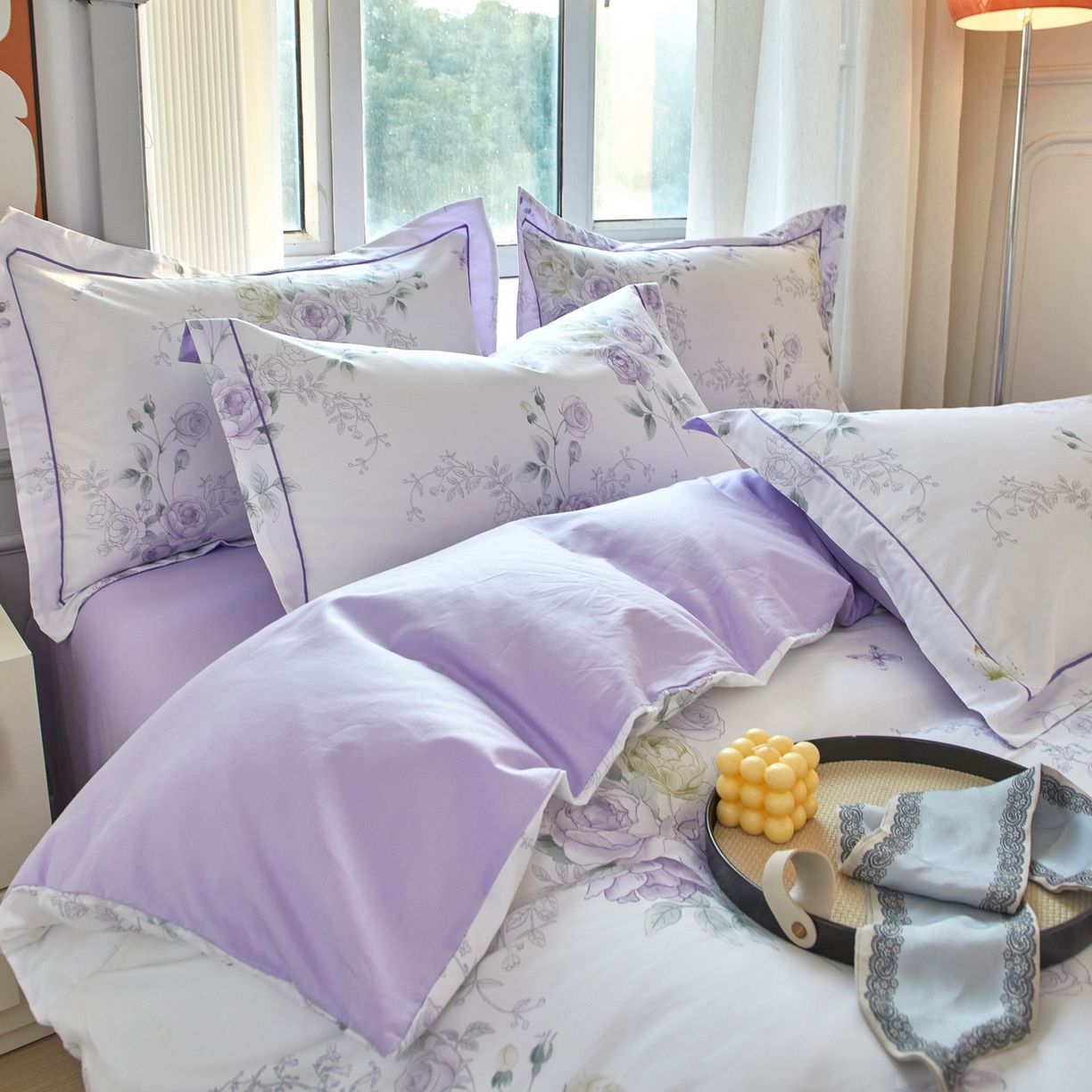 91家纺网 家纺一手货源 找家纺 启航家居 2026新款全棉铂金棉数码印花四件套 微雨山茶紫