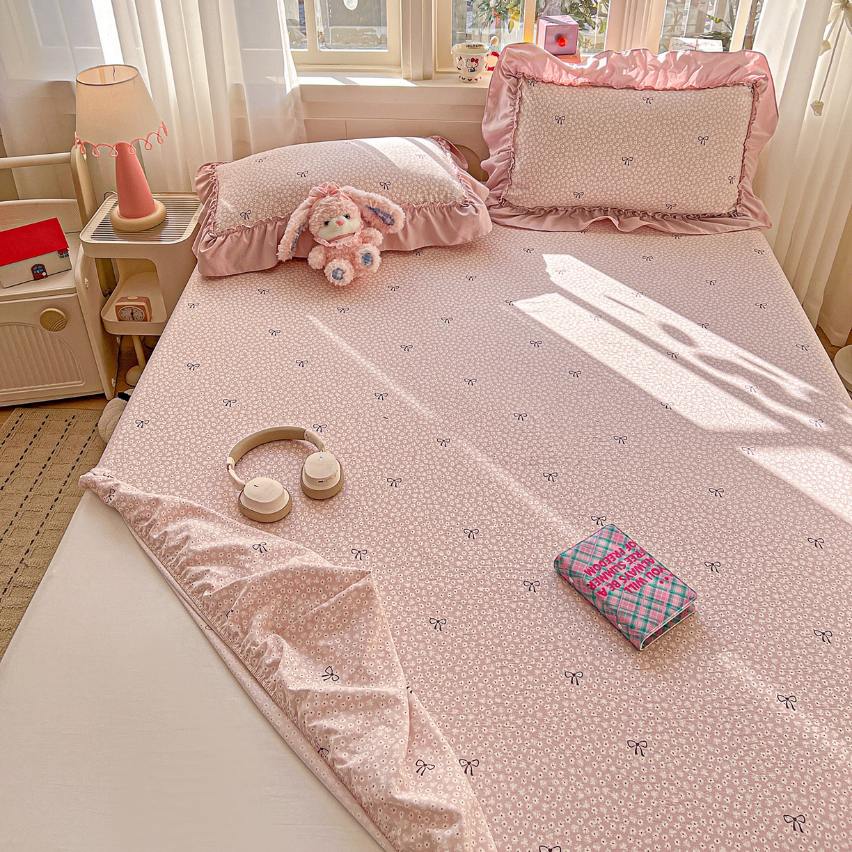 91家纺网 家纺一手货源 找家纺 富米莱（原臻工厂） 2026新款古法水洗仿棉床笠席梦思床罩杀床垫防滑罩床套罩床笠三件套 小花粉