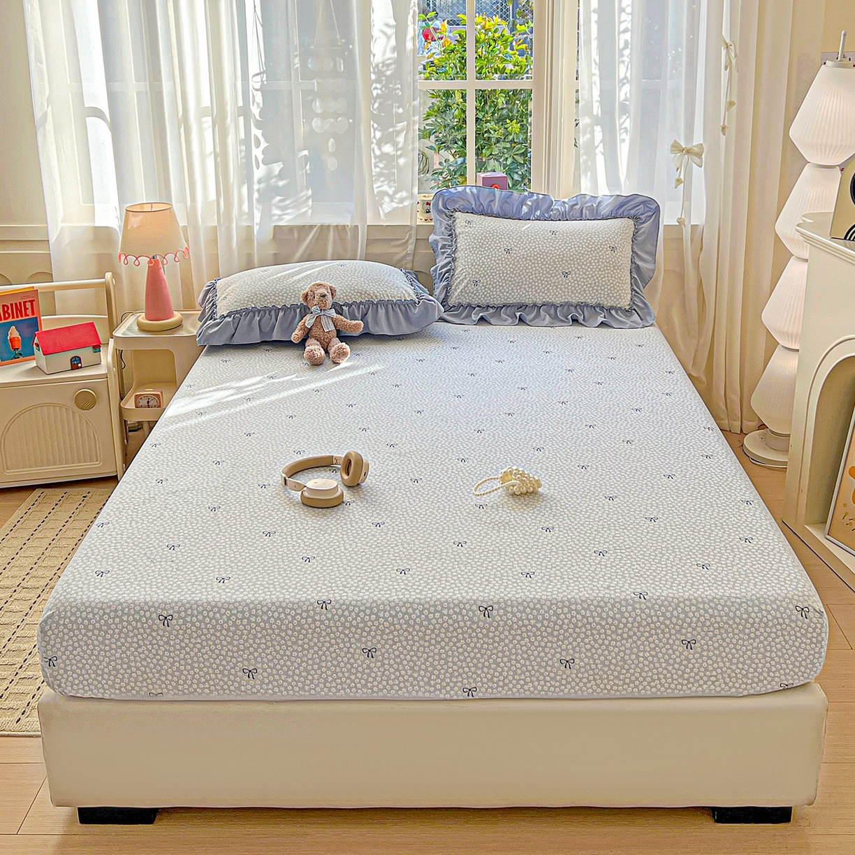 91家纺网 家纺一手货源 找家纺 富米莱（原臻工厂） 2026新款古法水洗仿棉床笠席梦思床罩杀床垫防滑罩床套罩床笠三件套 小花蓝