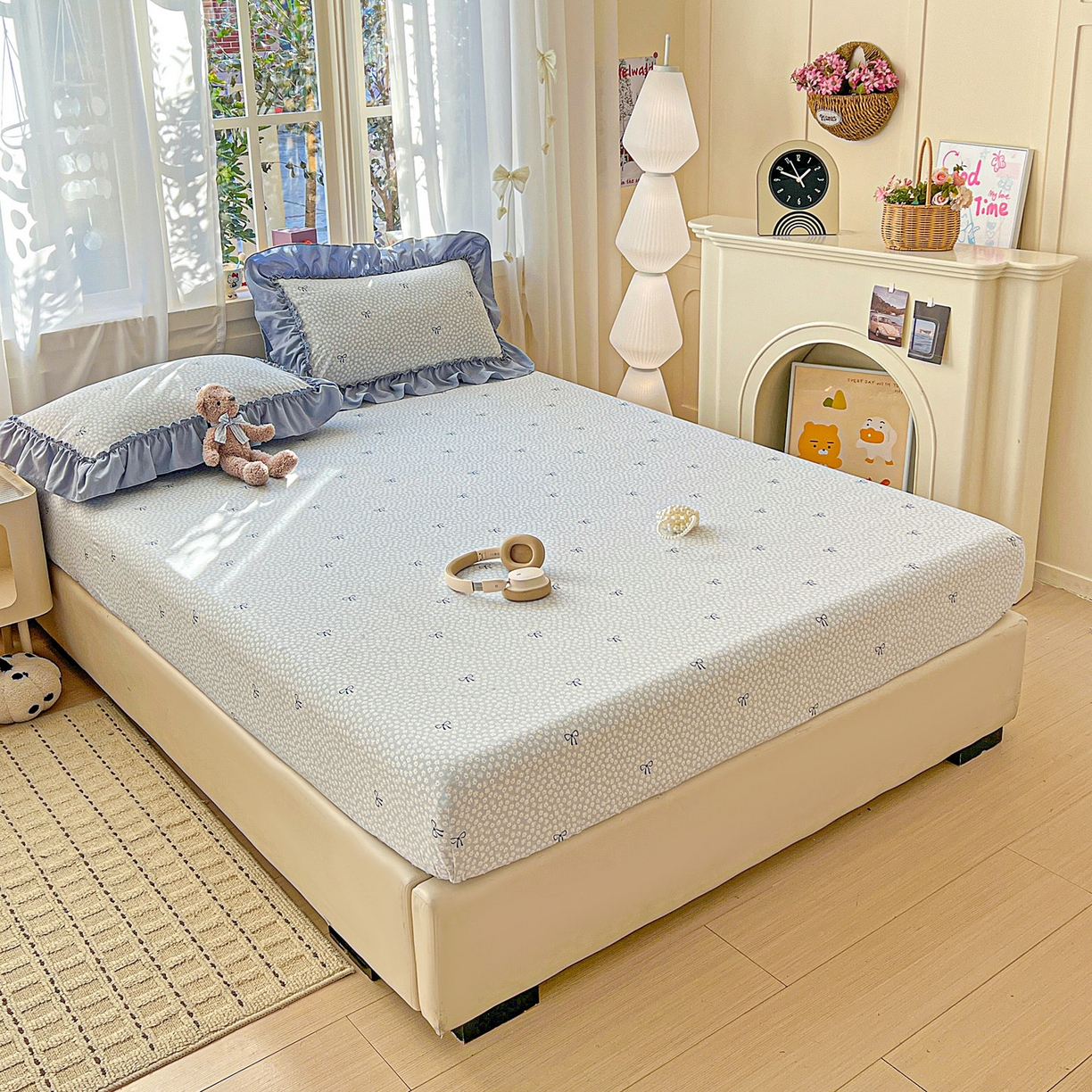 91家纺网 家纺一手货源 找家纺 富米莱（原臻工厂） 2026新款古法水洗仿棉床笠席梦思床罩杀床垫防滑罩床套罩床笠三件套 小花蓝