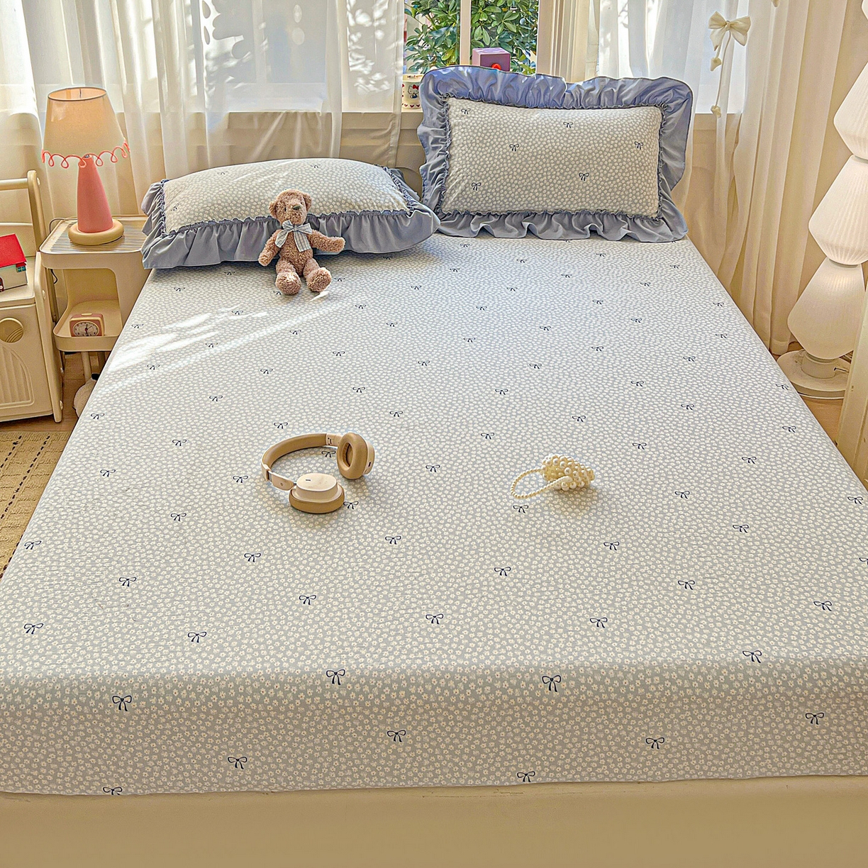 91家纺网 家纺一手货源 找家纺 富米莱（原臻工厂） 2026新款古法水洗仿棉床笠席梦思床罩杀床垫防滑罩床套罩床笠三件套 小花蓝