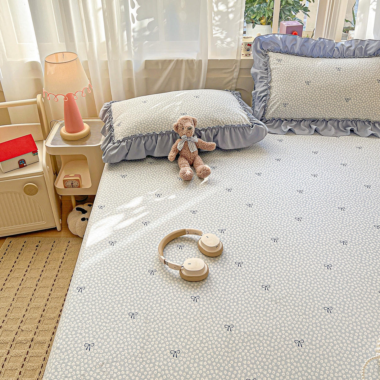 91家纺网 家纺一手货源 找家纺 富米莱（原臻工厂） 2026新款古法水洗仿棉床笠席梦思床罩杀床垫防滑罩床套罩床笠三件套 小花蓝