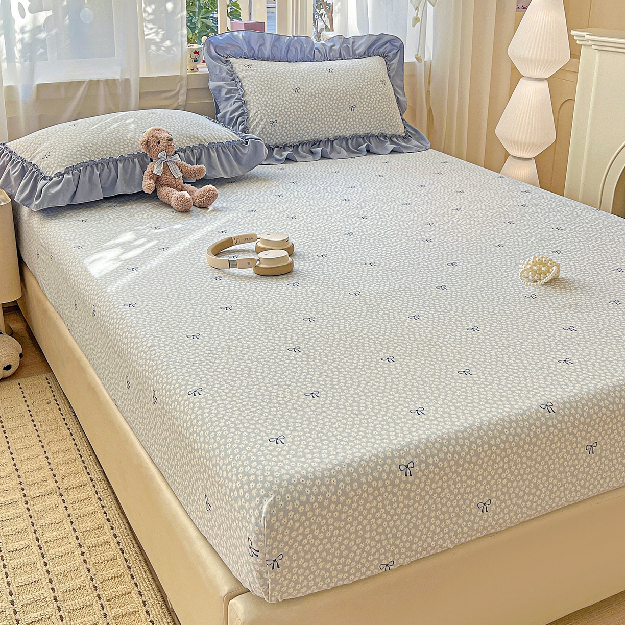 91家纺网 家纺一手货源 找家纺 富米莱（原臻工厂） 2026新款古法水洗仿棉床笠席梦思床罩杀床垫防滑罩床套罩床笠三件套 小花蓝