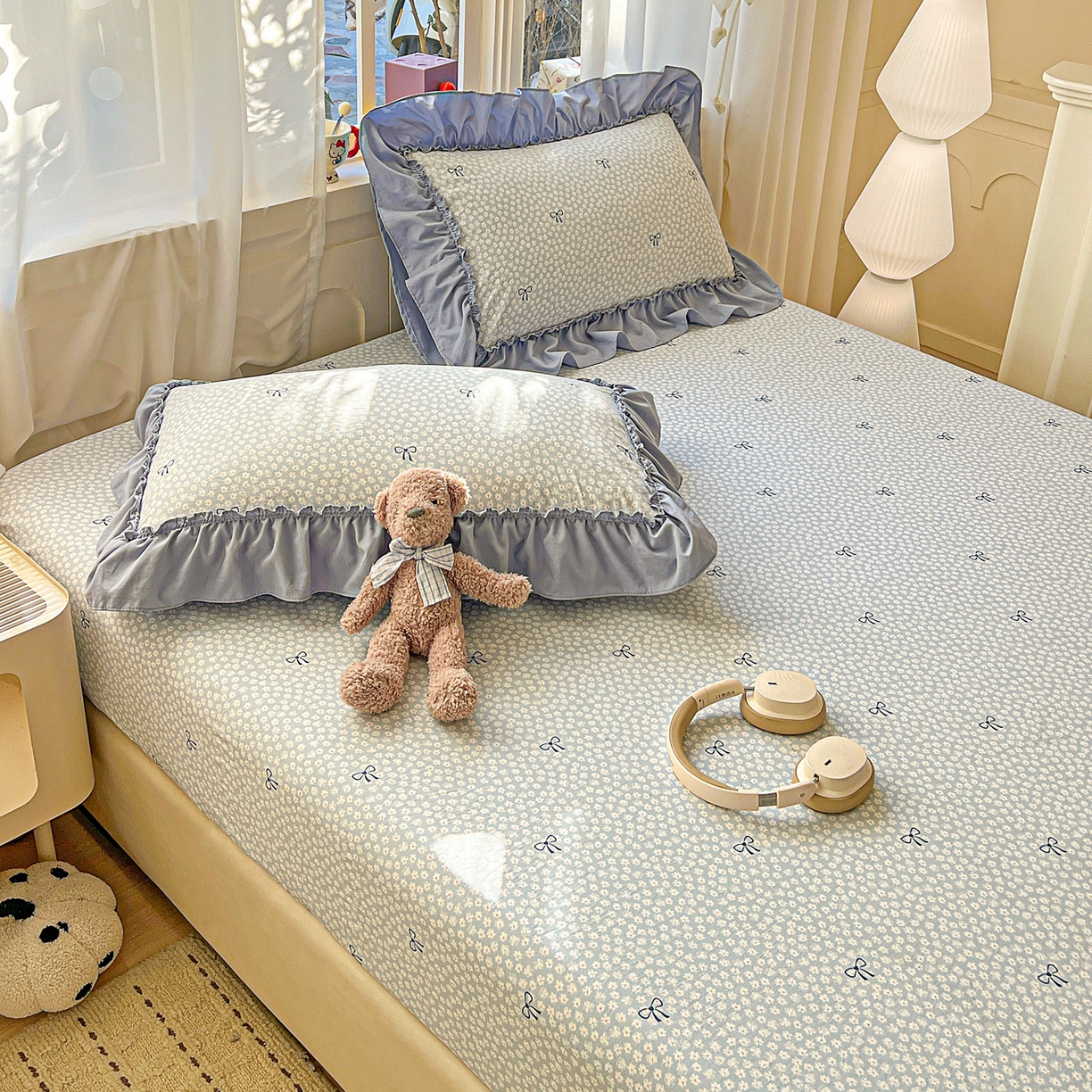 91家纺网 家纺一手货源 找家纺 富米莱（原臻工厂） 2026新款古法水洗仿棉床笠席梦思床罩杀床垫防滑罩床套罩床笠三件套 小花蓝