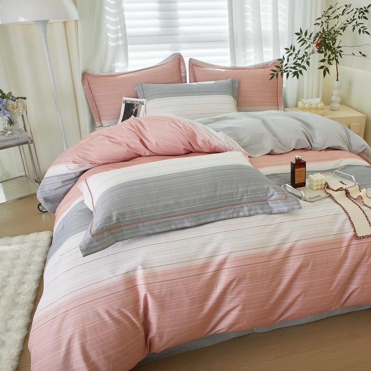 91家纺网 家纺一手货源 找家纺 启航家居 2026新款全棉铂金棉数码印花四件套 写意人生粉