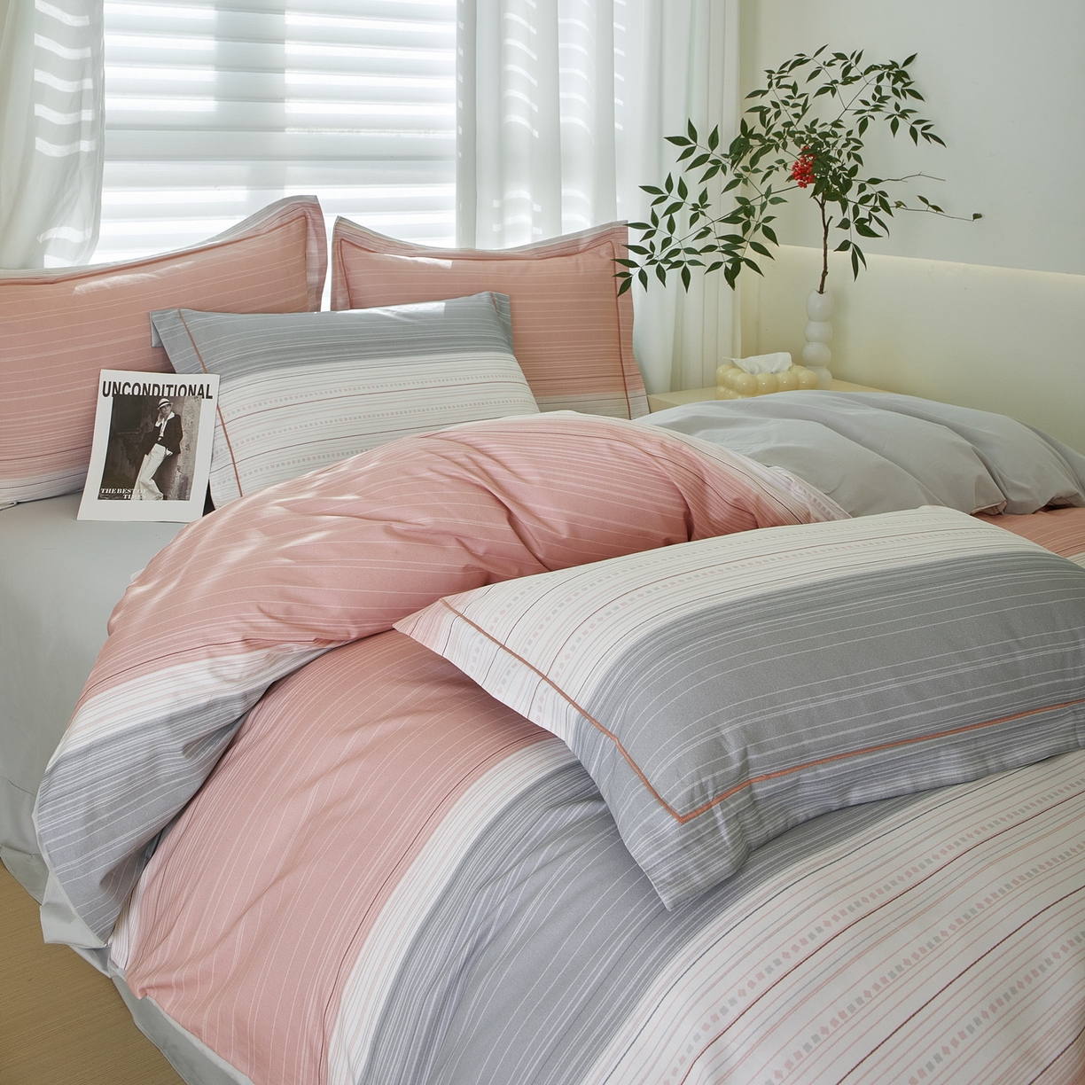 91家纺网 家纺一手货源 找家纺 启航家居 2026新款全棉铂金棉数码印花四件套 写意人生粉