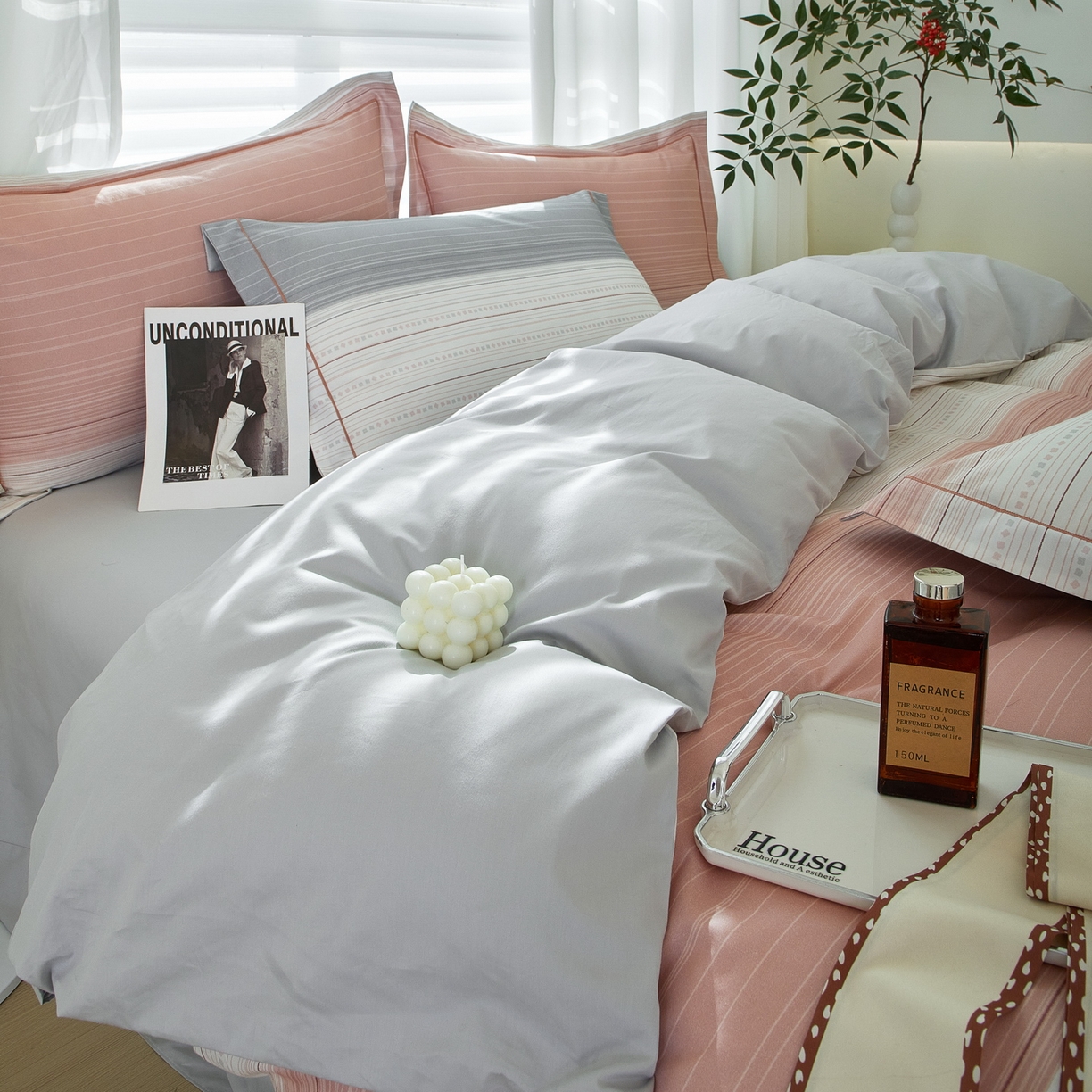 91家纺网 家纺一手货源 找家纺 启航家居 2026新款全棉铂金棉数码印花四件套 写意人生粉