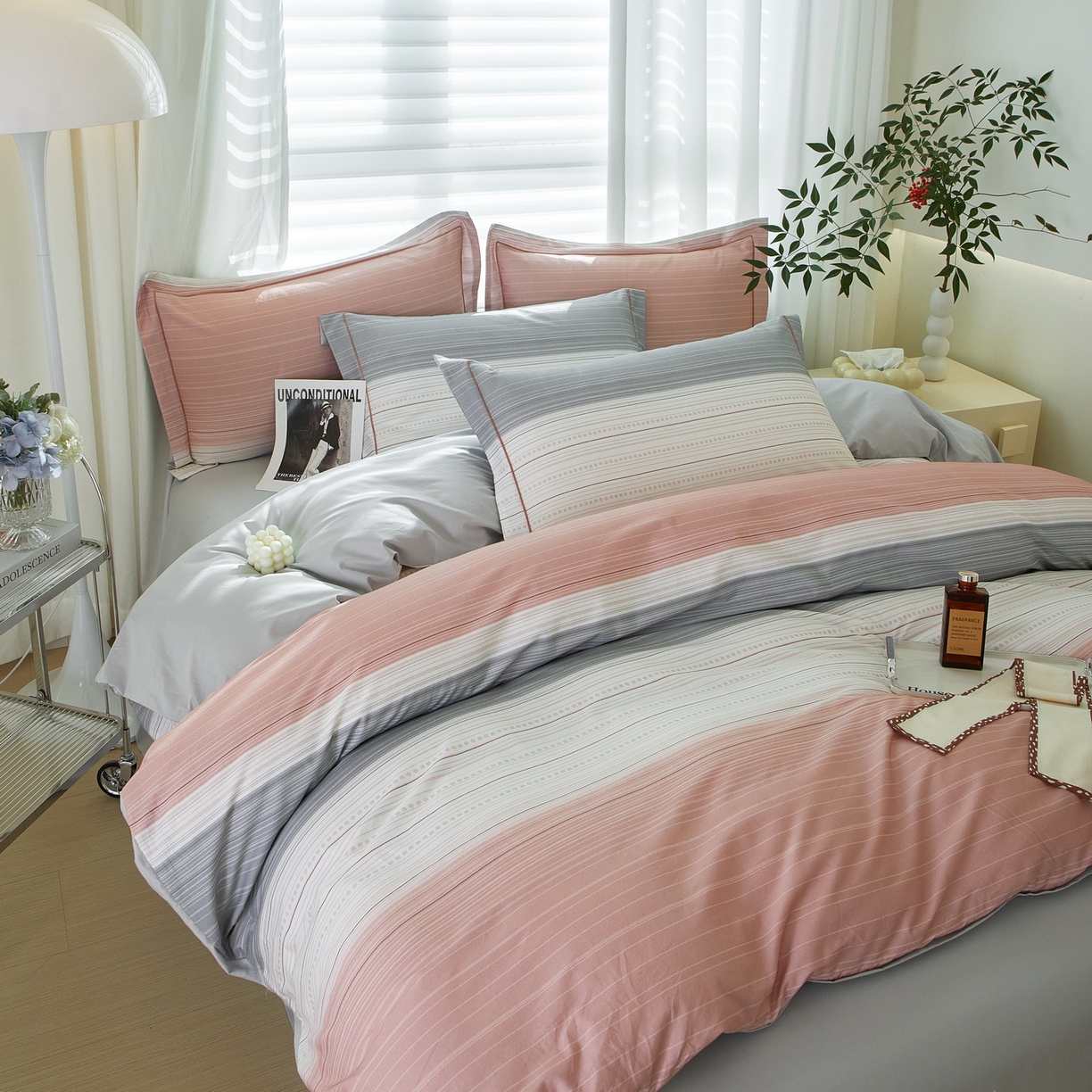 91家纺网 家纺一手货源 找家纺 启航家居 2026新款全棉铂金棉数码印花四件套 写意人生粉