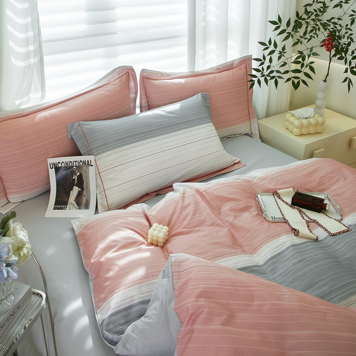 91家纺网 家纺一手货源 找家纺 启航家居 2026新款全棉铂金棉数码印花四件套 写意人生粉