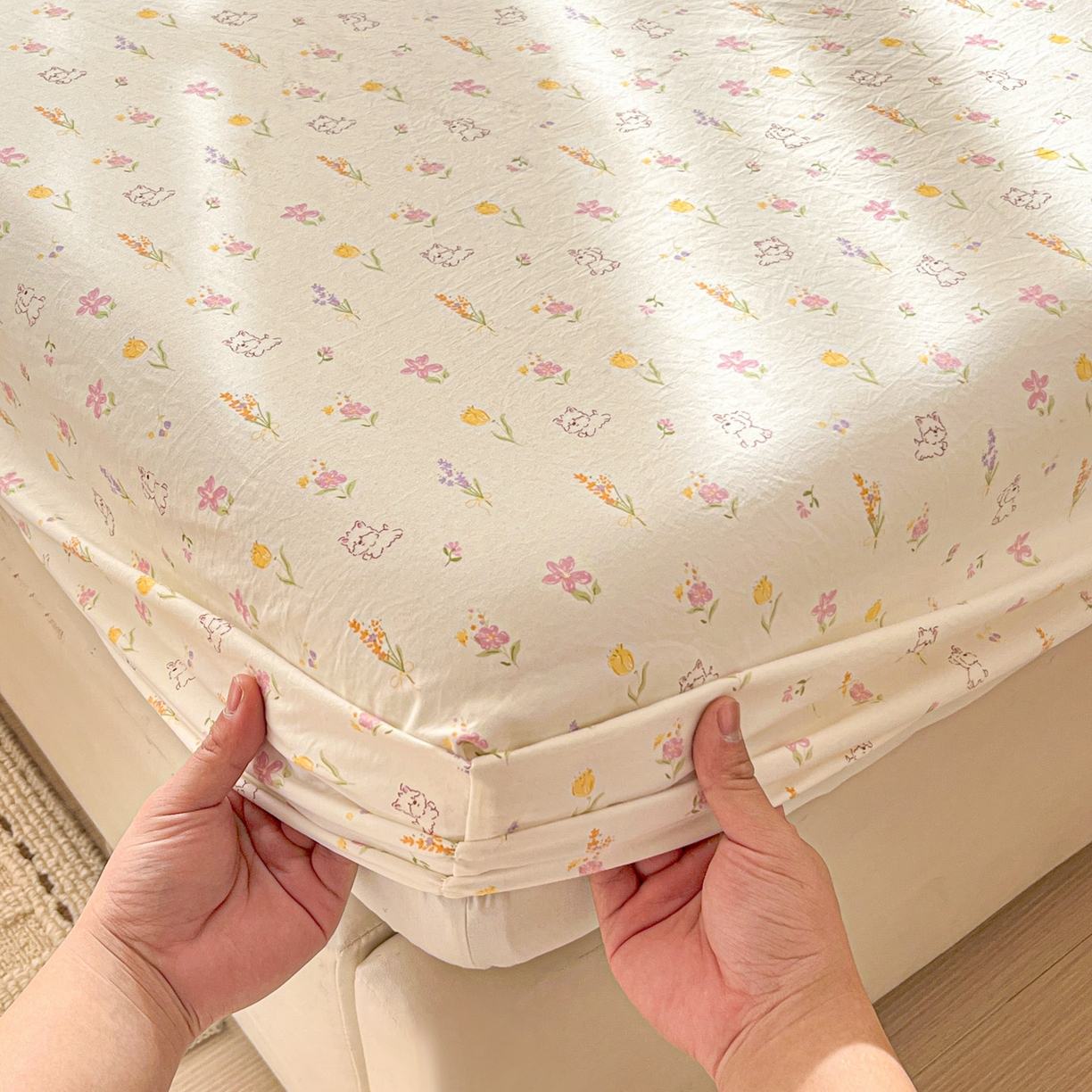 91家纺网 家纺一手货源 找家纺 富米莱（原臻工厂） 2026新款古法水洗仿棉床笠席梦思床罩杀床垫防滑罩床套罩床笠三件套 小杏芙