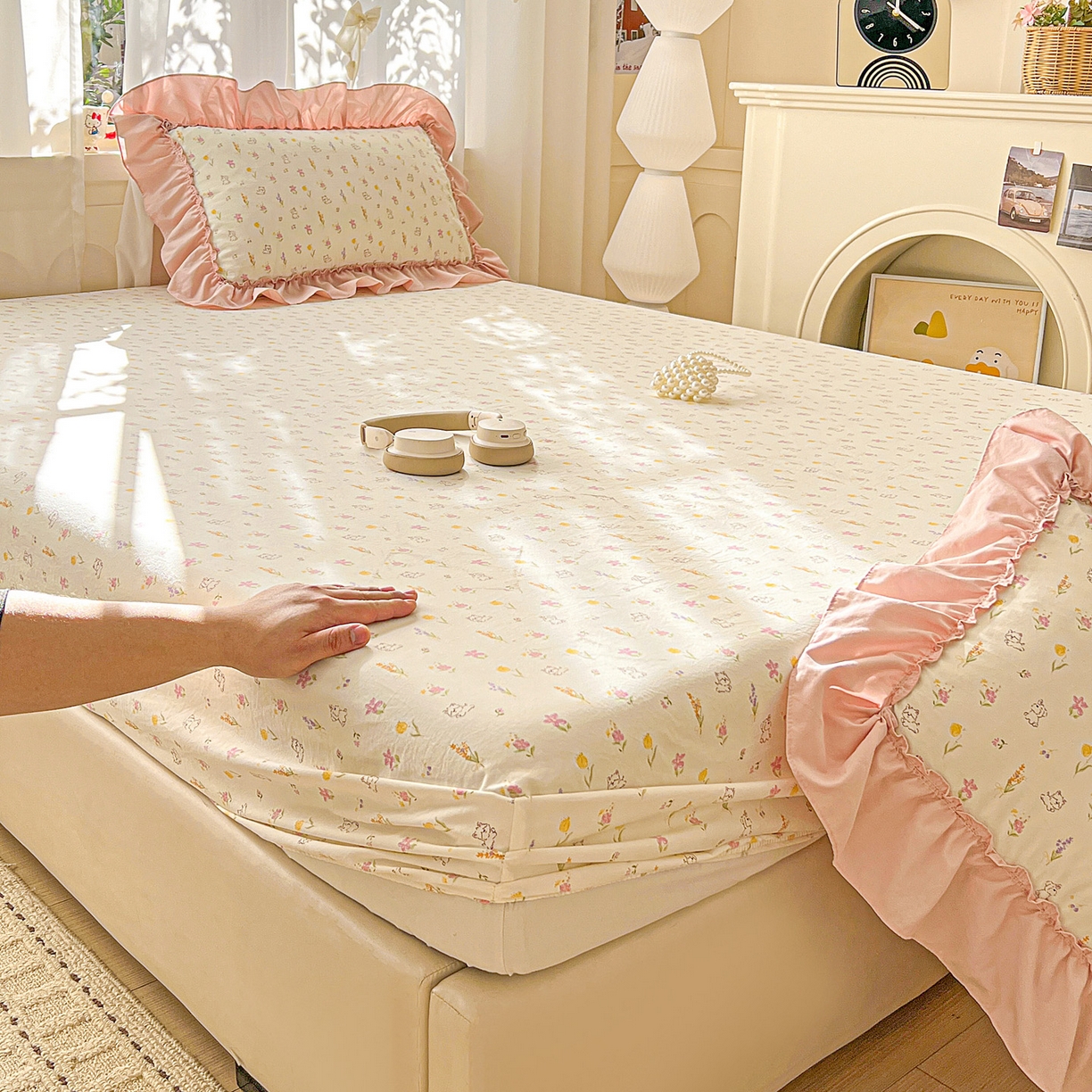 91家纺网 家纺一手货源 找家纺 富米莱（原臻工厂） 2026新款古法水洗仿棉床笠席梦思床罩杀床垫防滑罩床套罩床笠三件套 小杏芙