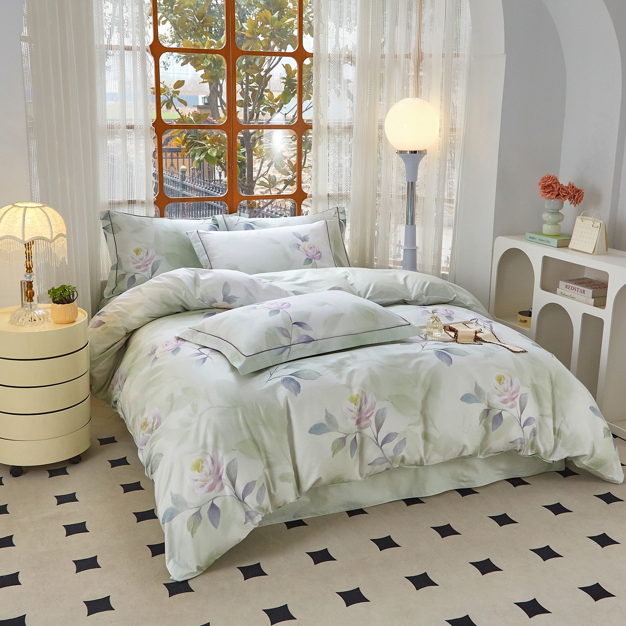 91家纺网 家纺一手货源 找家纺 启航家居 2026新款全棉铂金棉数码印花四件套 秀颜绿