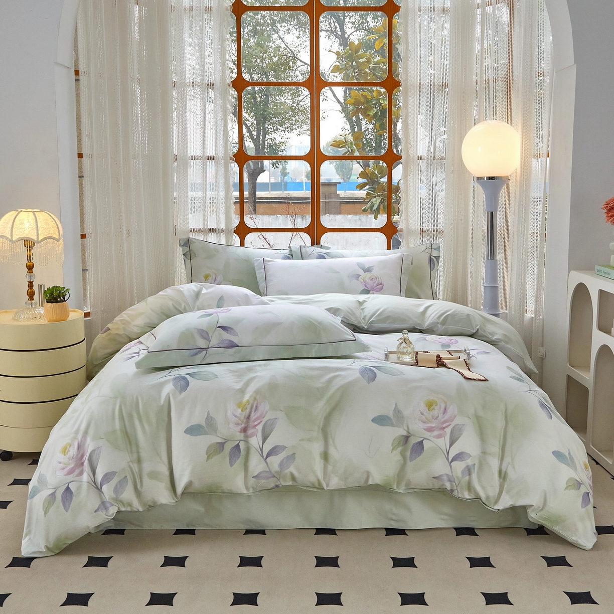 91家纺网 家纺一手货源 找家纺 启航家居 2026新款全棉铂金棉数码印花四件套 秀颜绿