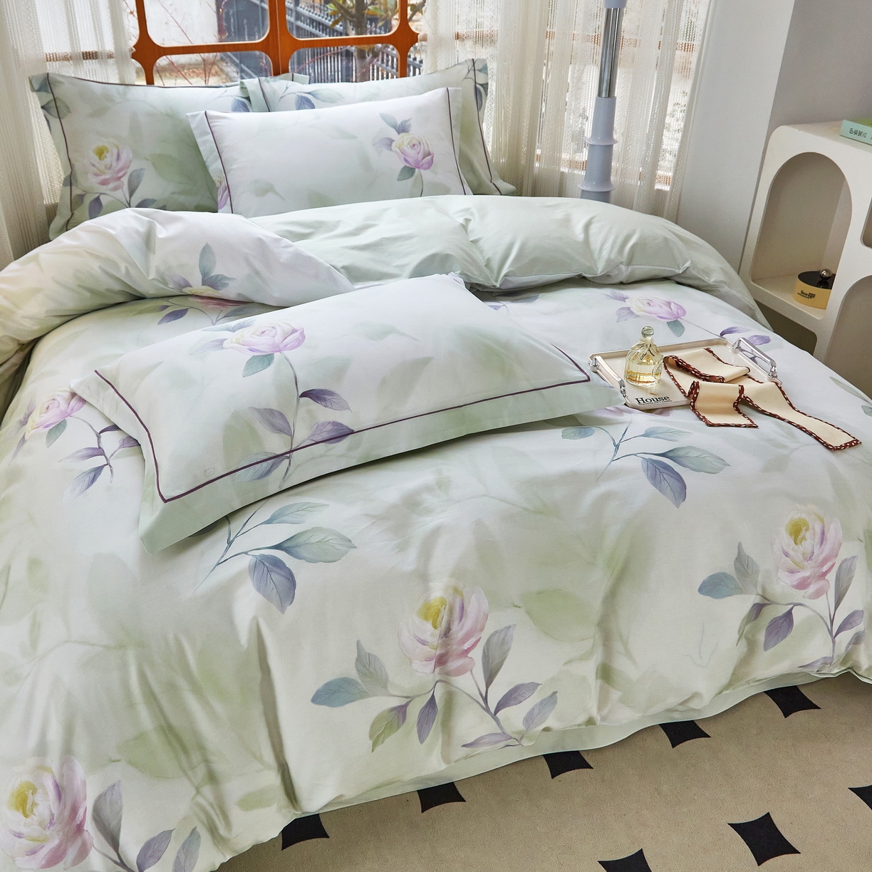 91家纺网 家纺一手货源 找家纺 启航家居 2026新款全棉铂金棉数码印花四件套 秀颜绿