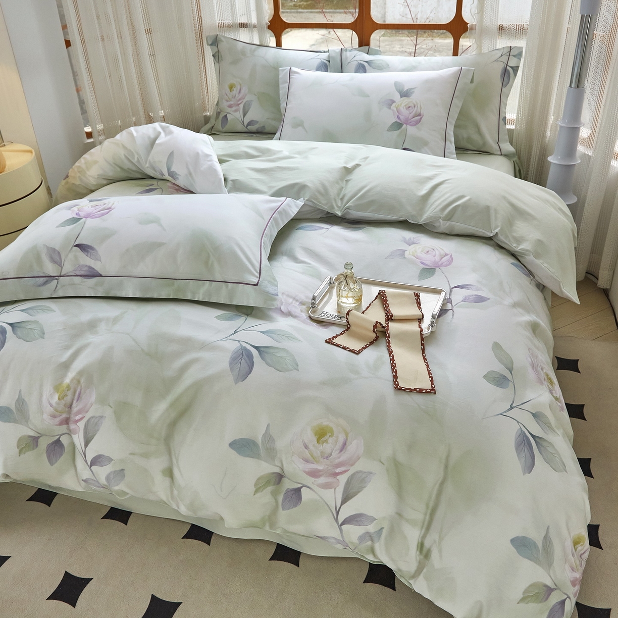 91家纺网 家纺一手货源 找家纺 启航家居 2026新款全棉铂金棉数码印花四件套 秀颜绿