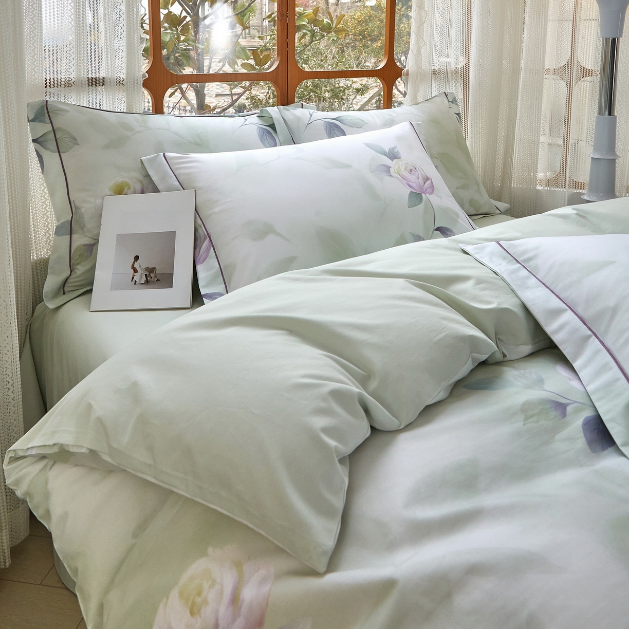 91家纺网 家纺一手货源 找家纺 启航家居 2026新款全棉铂金棉数码印花四件套 秀颜绿