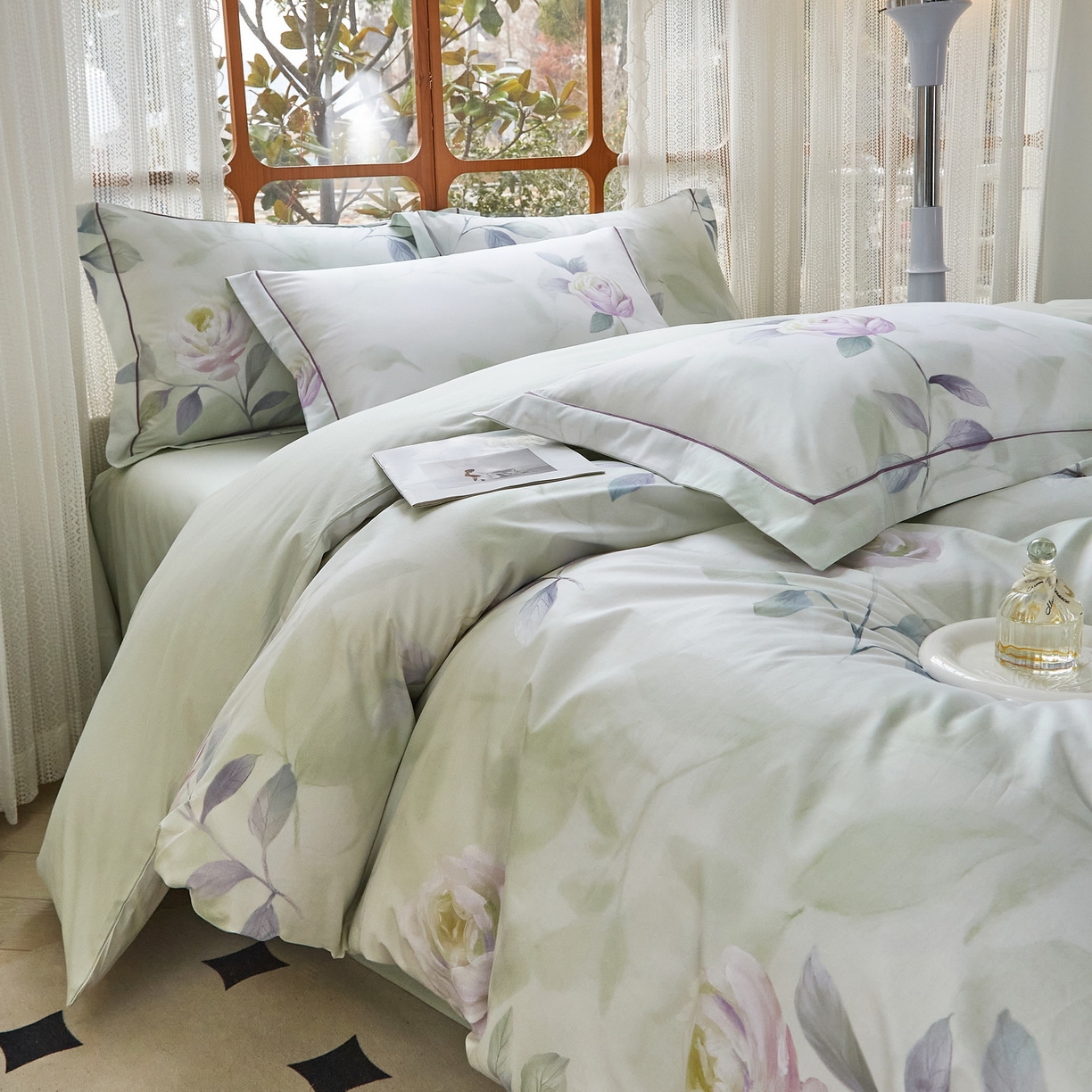 91家纺网 家纺一手货源 找家纺 启航家居 2026新款全棉铂金棉数码印花四件套 秀颜绿