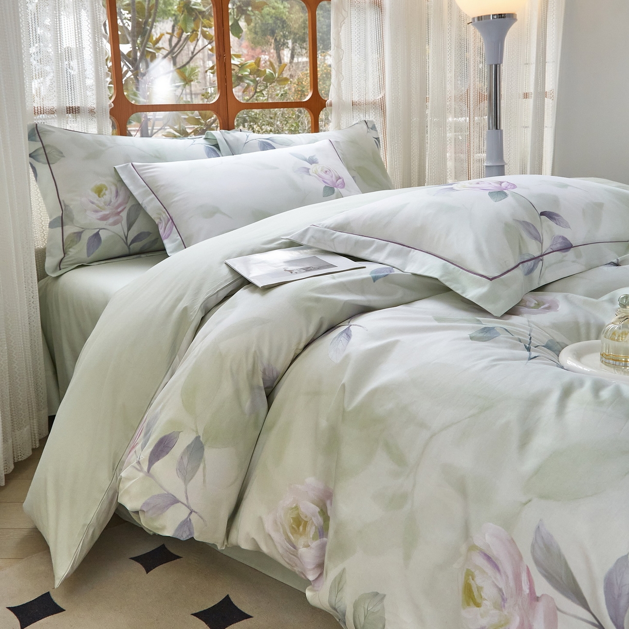 91家纺网 家纺一手货源 找家纺 启航家居 2026新款全棉铂金棉数码印花四件套 秀颜绿