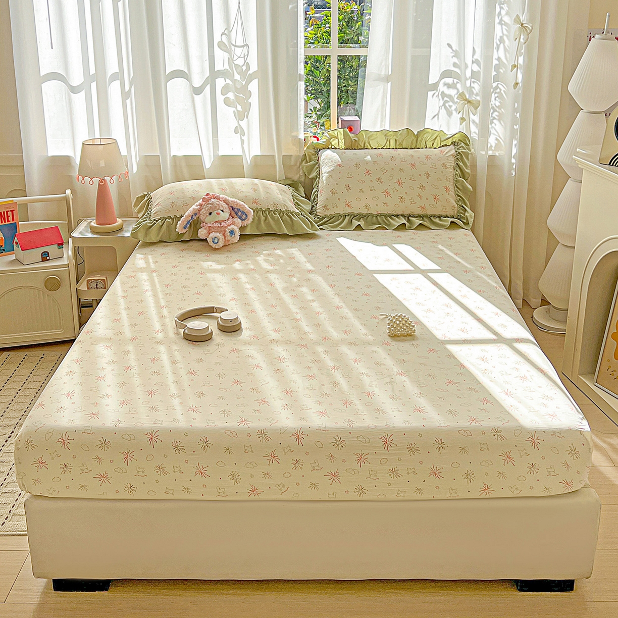 91家纺网 家纺一手货源 找家纺 富米莱（原臻工厂） 2026新款古法水洗仿棉床笠席梦思床罩杀床垫防滑罩床套罩床笠三件套 烟火气星辰