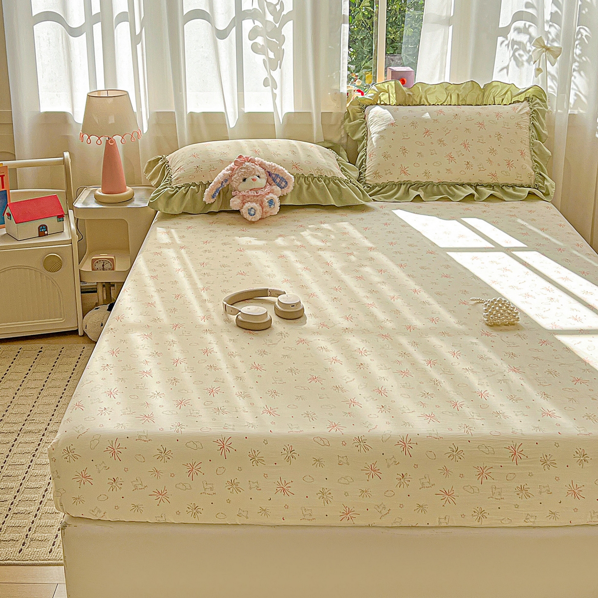 91家纺网 家纺一手货源 找家纺 富米莱（原臻工厂） 2026新款古法水洗仿棉床笠席梦思床罩杀床垫防滑罩床套罩床笠三件套 烟火气星辰