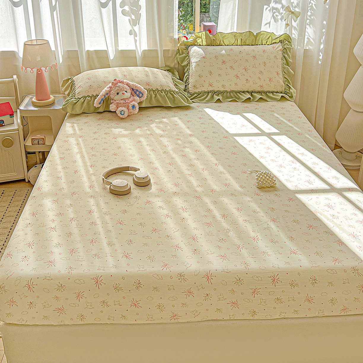 91家纺网 家纺一手货源 找家纺 富米莱（原臻工厂） 2026新款古法水洗仿棉床笠席梦思床罩杀床垫防滑罩床套罩床笠三件套 烟火气星辰