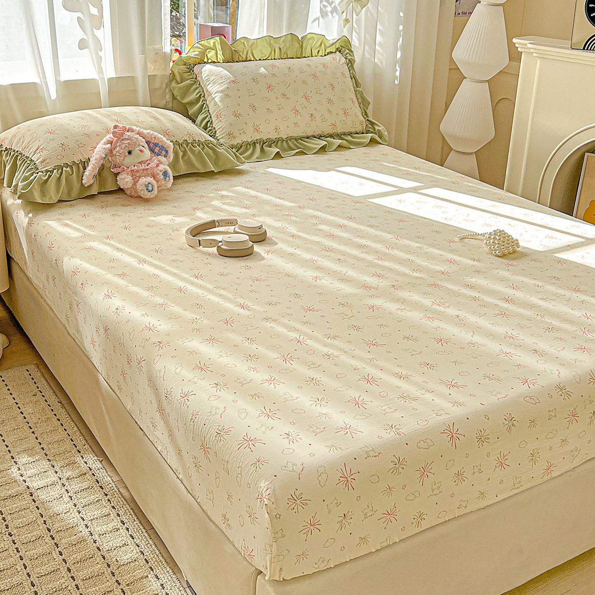 91家纺网 家纺一手货源 找家纺 富米莱（原臻工厂） 2026新款古法水洗仿棉床笠席梦思床罩杀床垫防滑罩床套罩床笠三件套 烟火气星辰