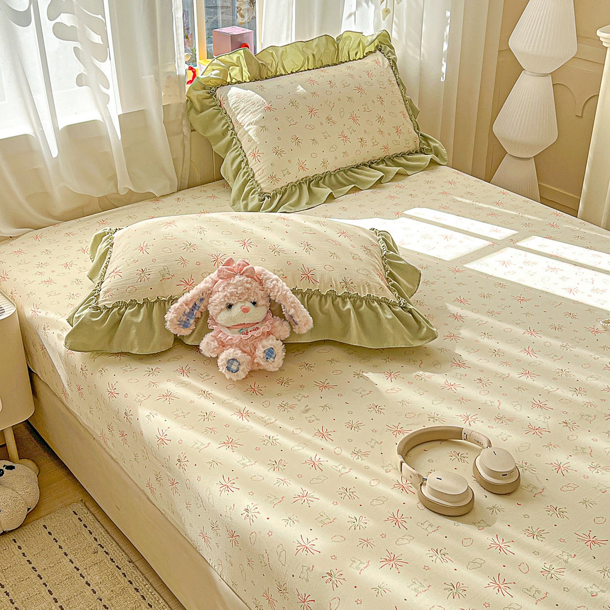 91家纺网 家纺一手货源 找家纺 富米莱（原臻工厂） 2026新款古法水洗仿棉床笠席梦思床罩杀床垫防滑罩床套罩床笠三件套 烟火气星辰