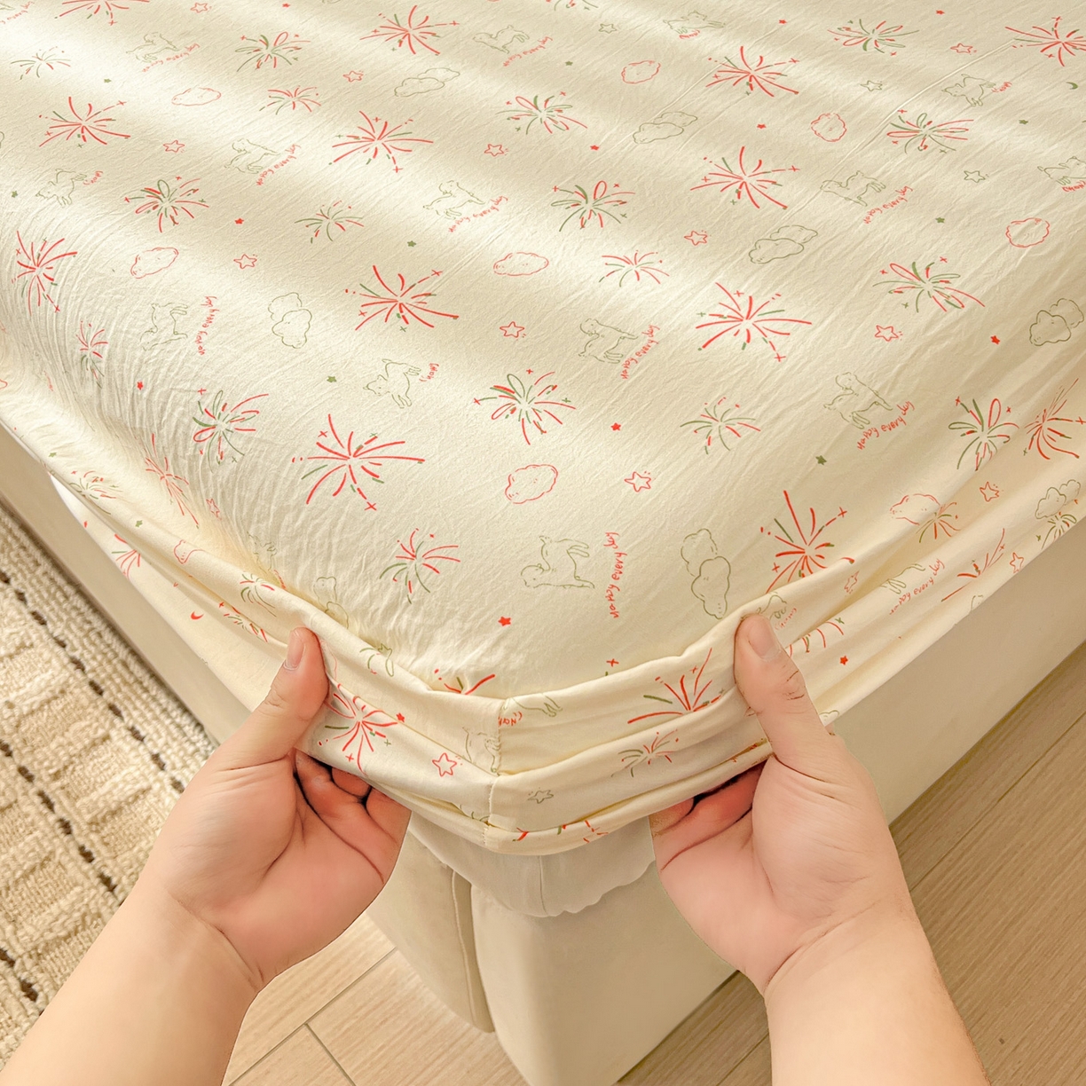 91家纺网 家纺一手货源 找家纺 富米莱（原臻工厂） 2026新款古法水洗仿棉床笠席梦思床罩杀床垫防滑罩床套罩床笠三件套 烟火气星辰