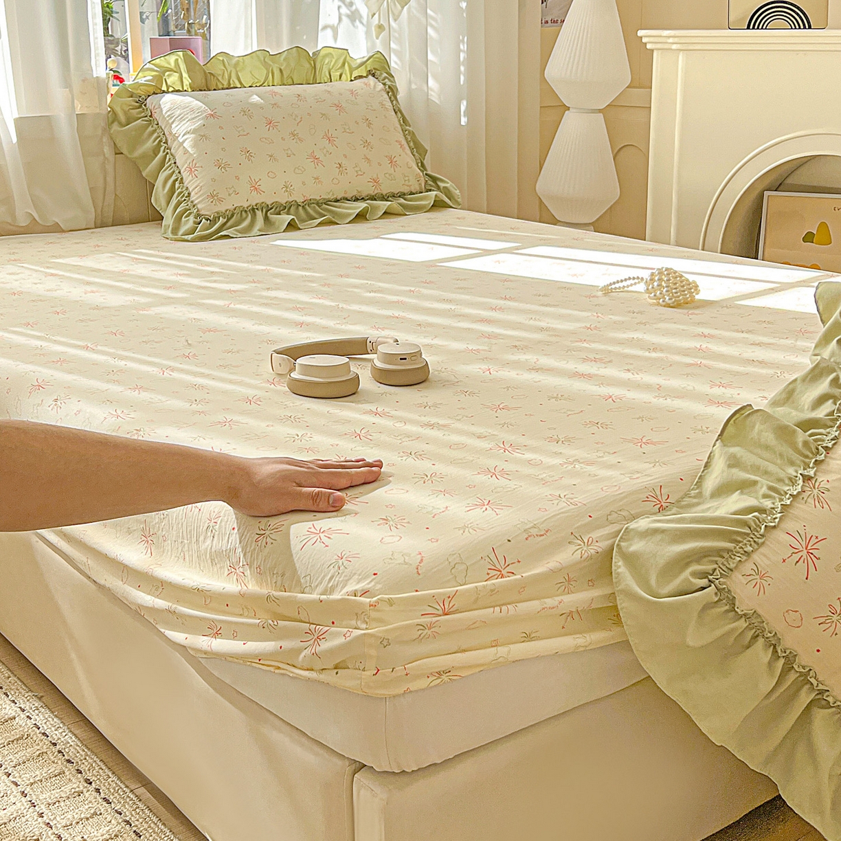 91家纺网 家纺一手货源 找家纺 富米莱（原臻工厂） 2026新款古法水洗仿棉床笠席梦思床罩杀床垫防滑罩床套罩床笠三件套 烟火气星辰