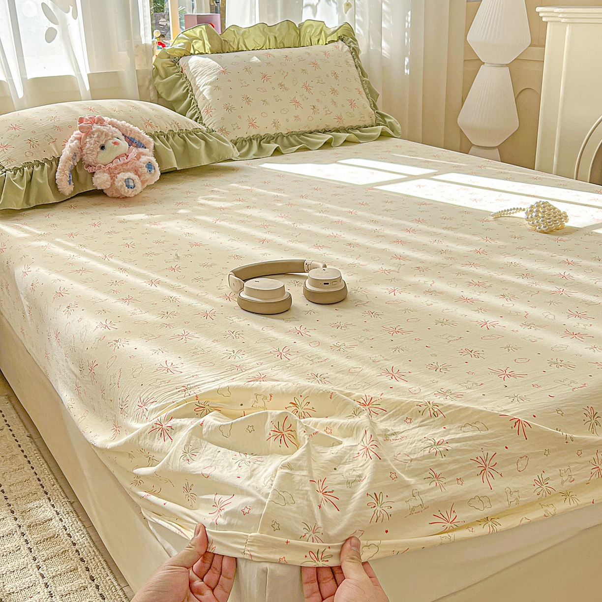 91家纺网 家纺一手货源 找家纺 富米莱（原臻工厂） 2026新款古法水洗仿棉床笠席梦思床罩杀床垫防滑罩床套罩床笠三件套 烟火气星辰