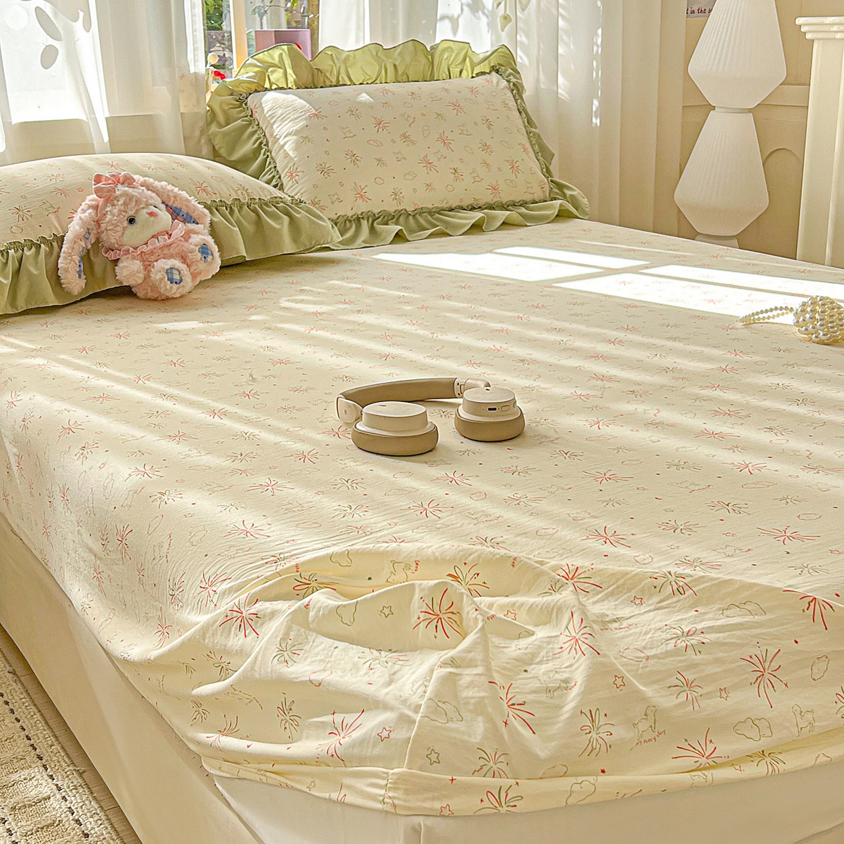 91家纺网 家纺一手货源 找家纺 富米莱（原臻工厂） 2026新款古法水洗仿棉床笠席梦思床罩杀床垫防滑罩床套罩床笠三件套 烟火气星辰