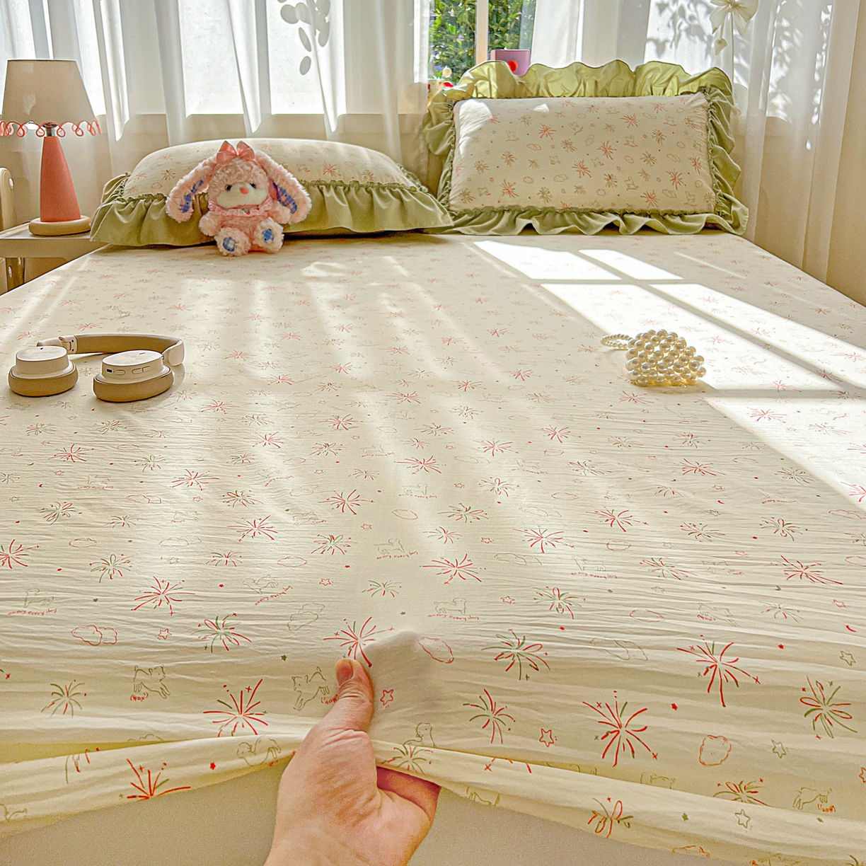 91家纺网 家纺一手货源 找家纺 富米莱（原臻工厂） 2026新款古法水洗仿棉床笠席梦思床罩杀床垫防滑罩床套罩床笠三件套 烟火气星辰