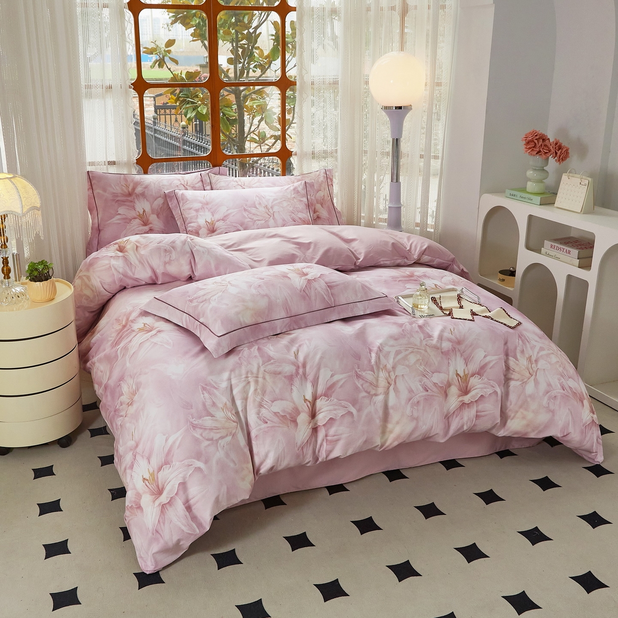 91家纺网 家纺一手货源 找家纺 启航家居 2026新款全棉铂金棉数码印花四件套 雪顶之恋粉